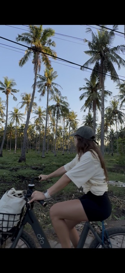 Gio de bicicleta entre coqueiros em Gili Trawangan